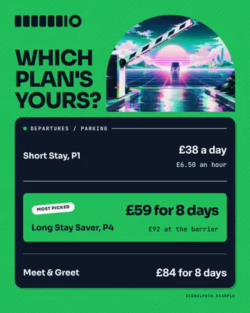 Departures board plan picker: a single post template from the Template Foundry, on a sample brand